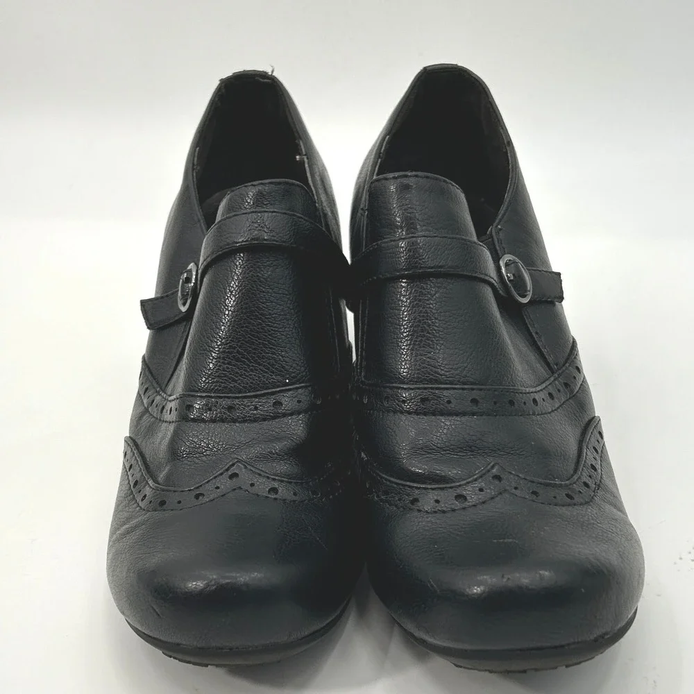 Rialto Womens Black Wingtip Mary Jane Block Heels Brogue Perforated Shoes